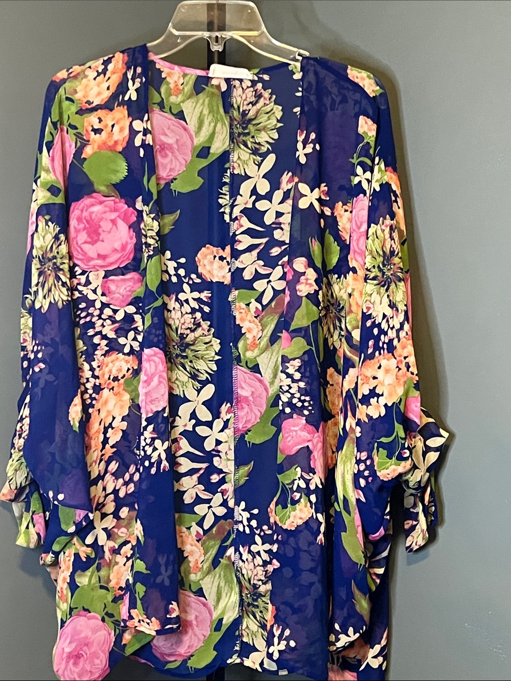 Peach Love California Navy Floral Open-Front Tunic with Pink & Green Accents